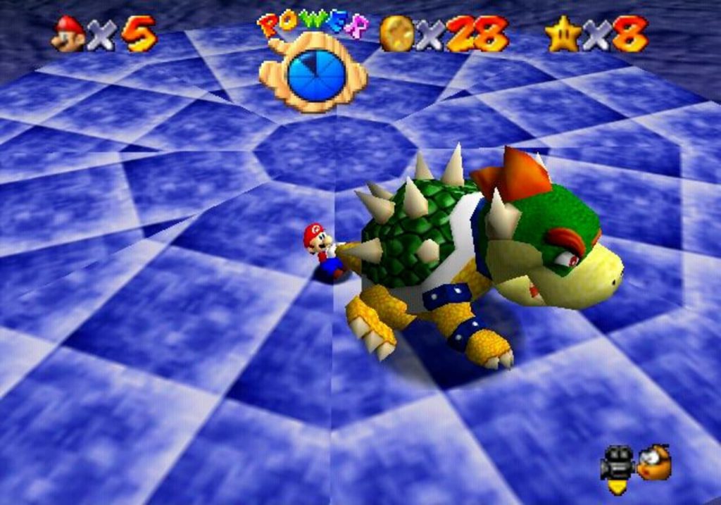 Super Mario 64 : le combat final contre Bowser, saisi par la queue puis projeté