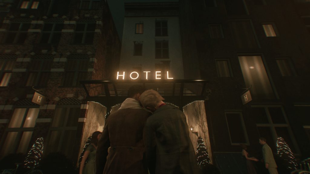 Une entrée d’hôtel éclairée au néon la nuit, deux personnes en manteaux contemporains devant la porte