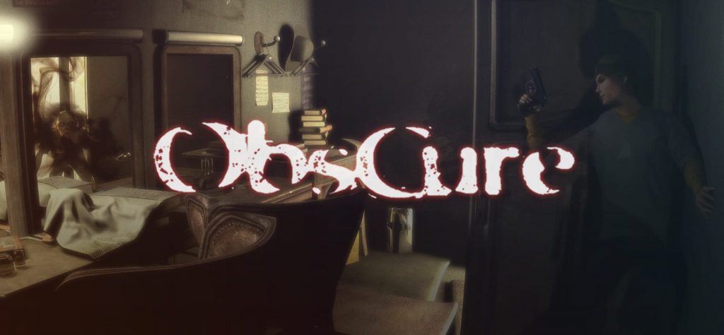 Écran-titre d'ObsCure, le logo en lettres blanches lumineuses dans une chambre, une silhouette à droite