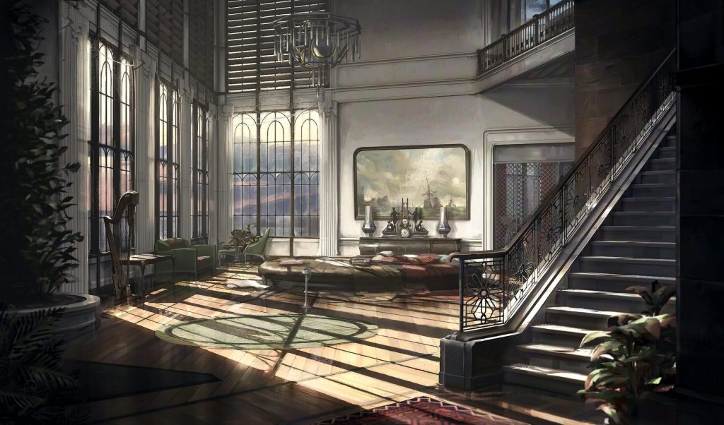 Intérieur de manoir clair et vitré, grand escalier, plantes et lumière au sol
