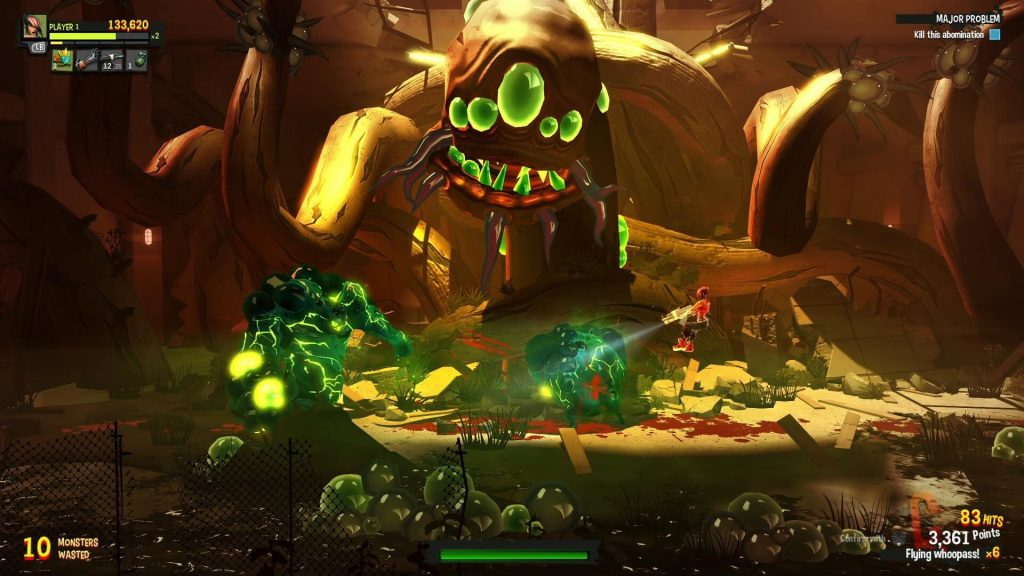 Final Exam, jeu d'action en vue de côté, un boss monstrueux vert face à un personnage, compteurs de score à l'écran