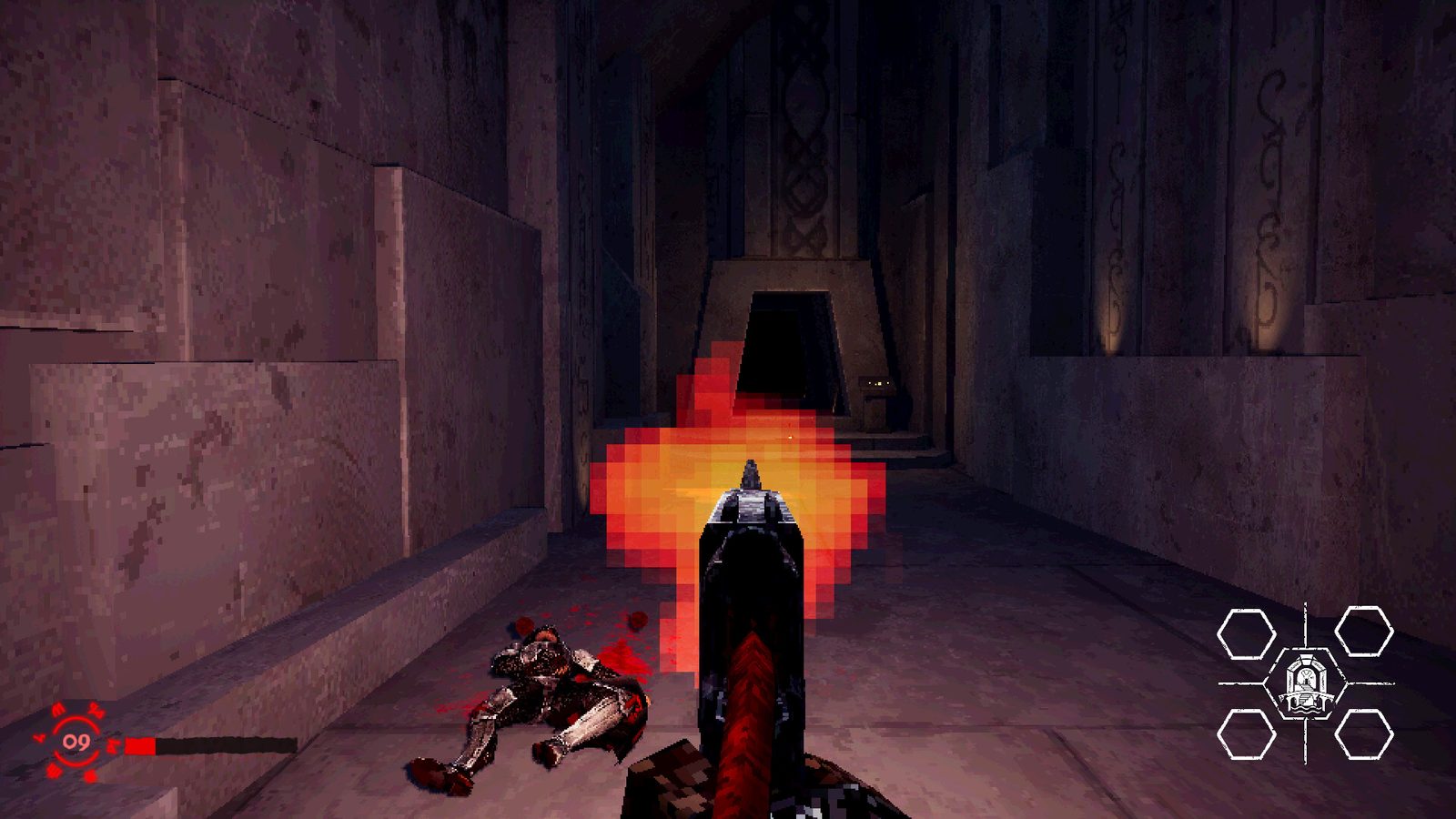 Un tir part de l'arme dans un flash orange pixelisé et éclaire un couloir de pierre rose où gît un corps.