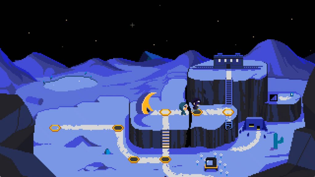 Paysage nocturne en pixel art bleu et noir dans Dream Channel Zero : deux personnages minuscules sur un plateau rocheux, un croissant de lune pose a meme le sol, des echelles et un cactus