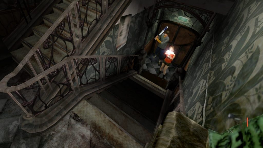 Cage d'escalier délabrée et couverte de graffitis dans ObsCure, un personnage minuscule éclairé par sa torche