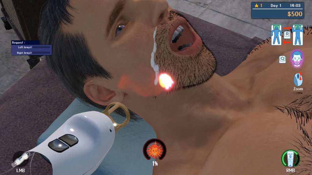 Gros plan sur le visage d un client allonge dans Hair Removal Salon Simulator, traite au laser sur la joue, avec a l ecran la commande du jour : aisselle gauche, aisselle droite