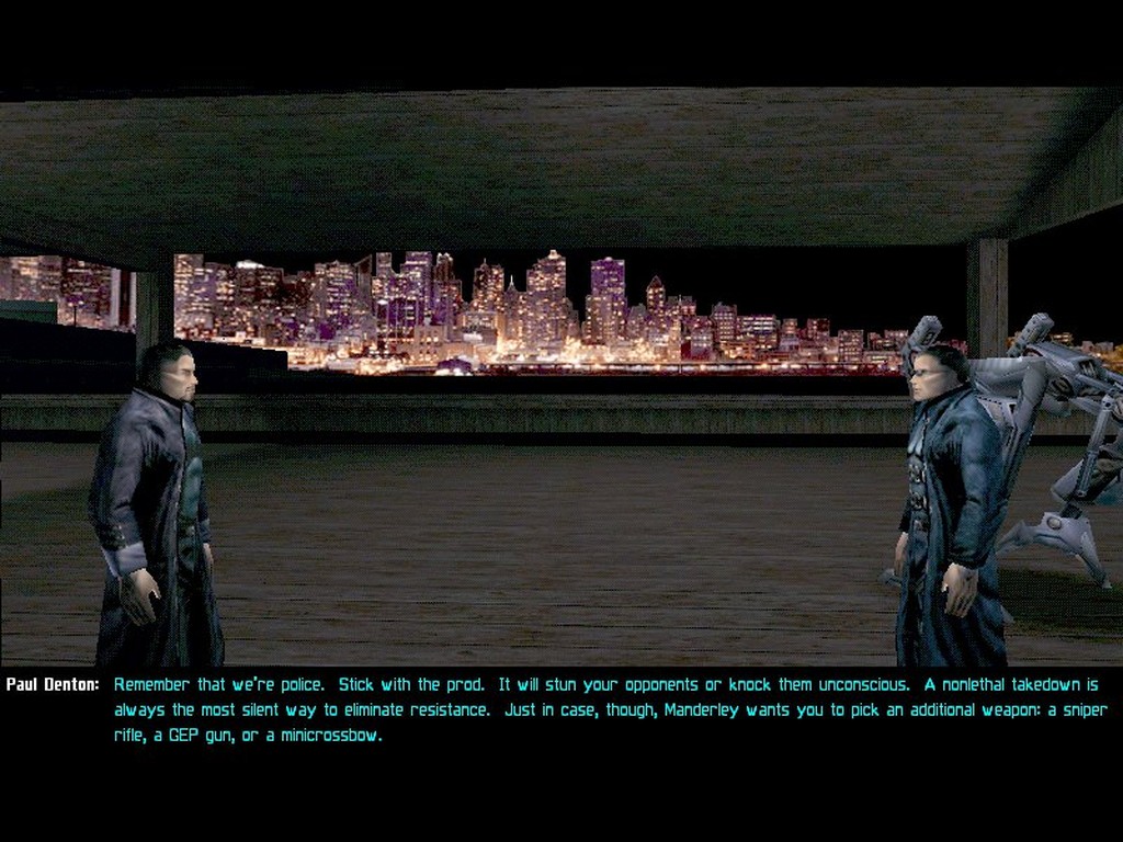 Un homme en costume et lunettes noires devant un hélicoptère, avec la boîte de dialogue et l'interface d'origine de Deus Ex