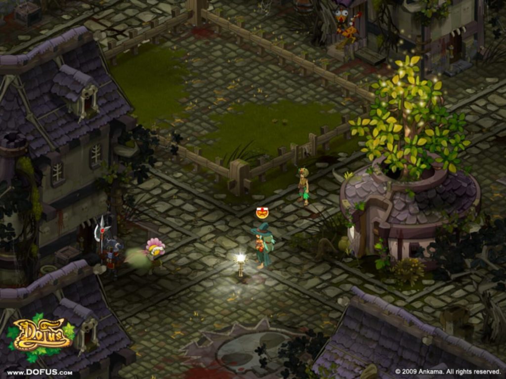 Village en vue isométrique dans Dofus d'Ankama, style dessin animé