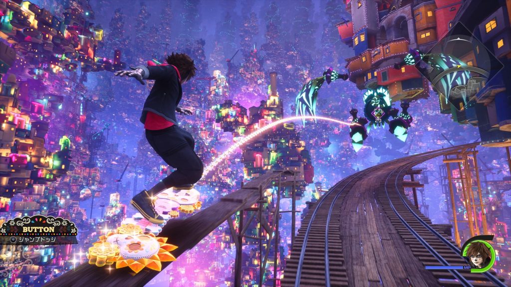 Sora, le visage peint en tete de mort, glisse sur un rail au-dessus d une cite des morts illuminee de neons roses et violets, face a des Sans-Coeur