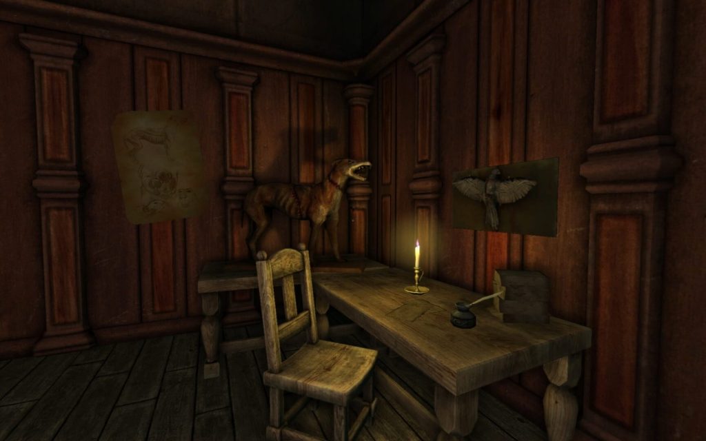 Amnesia: The Dark Descent, une salle lambrissée éclairée par une seule bougie posée sur une table
