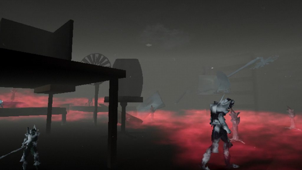 Des structures grises en silhouette au-dessus d'une lueur rouge, deux personnages au premier plan