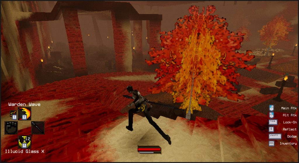 Un arbre orange incandescent au-dessus d'un sol rouge, le rêveur esquive en pleine course