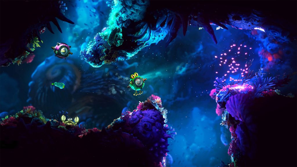 Deux petits sous-marins descendent dans un abysse de coraux fluorescents, un crabe sur un rocher au premier plan