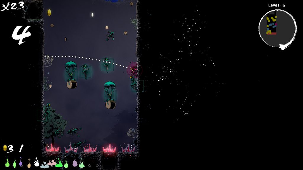 Puits vertical en pixel art sur fond noir dans Ninja or Die 2 Die : des ninjas turquoise descendent sous de petits parachutes, une trajectoire en pointilles trace un saut, et des piques rouges herissent le bas de l ecran