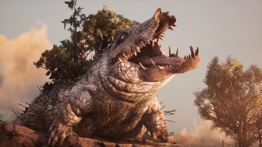 Un crocodile colossal à la gueule ouverte, des arbres et de la végétation poussant sur son dos, assis dans une brume dorée