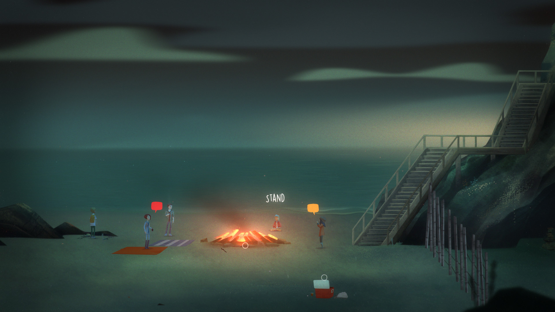 Cinq adolescents autour d un feu de camp sur une plage de nuit dans Oxenfree, avec des bulles de dialogue au-dessus de leurs tetes