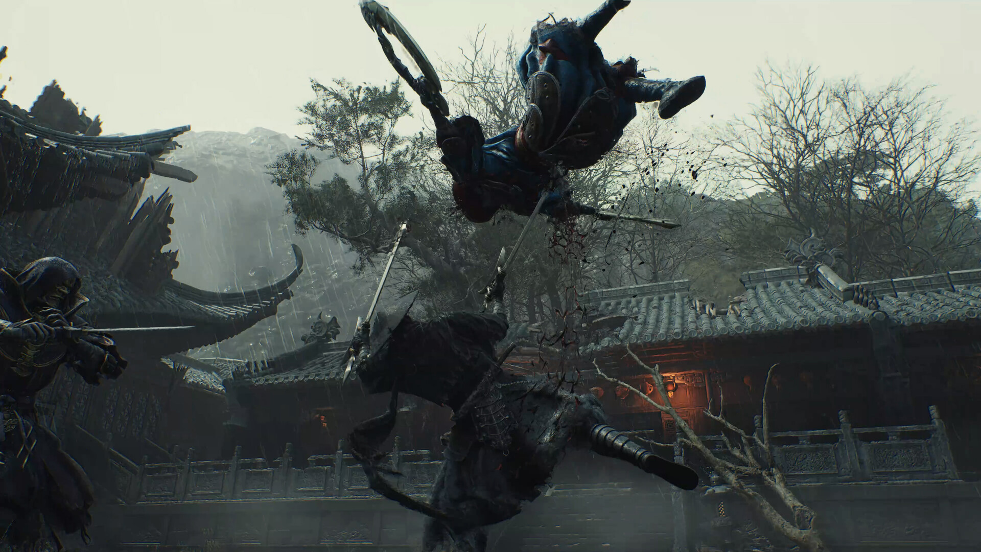 Phantom Blade Zero : un combattant projete en l air au-dessus des toits d un temple, sous la pluie