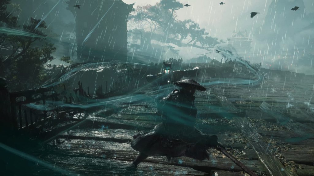 Duel sous la pluie sur un pont de bois : Soul, chapeau conique, face a un ennemi masque, traine de lame bleue