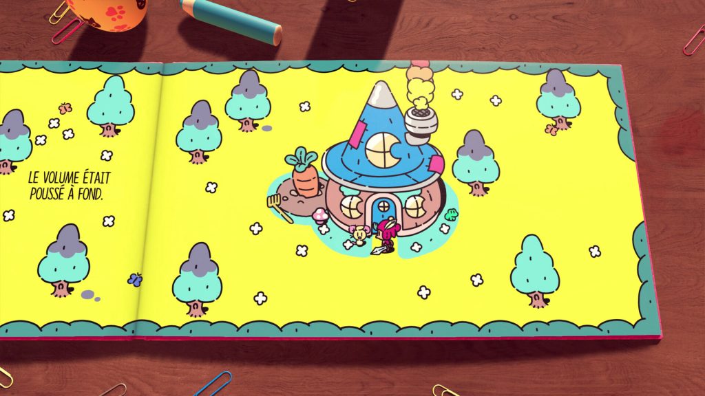 Une double page de livre illustré sur fond jaune, des arbres ronds turquoise, une maison à coupole bleue et la phrase « le volume était poussé à fond »
