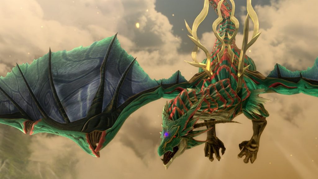 Grand dragon ailé à la peau verte, suspendu dans un ciel nuageux, vu de face
