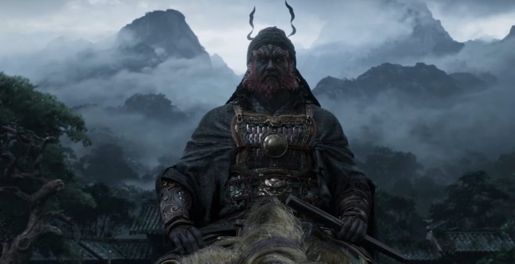 Guerrier en armure à la barbe rouge et au casque à cornes, monté, devant des pics montagneux noyés de brume