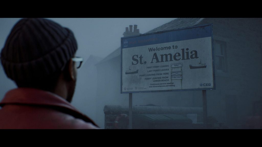 Vue par-dessus l'épaule de Simon face à un panneau routier « Welcome to St. Amelia » planté dans le brouillard