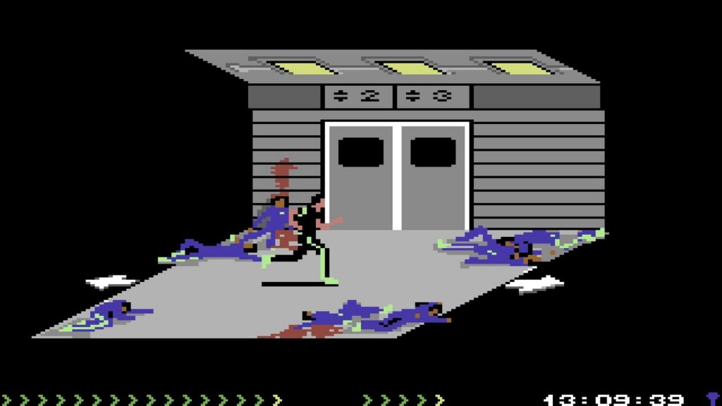 Project Firestart sur Commodore 64, une coursive grise à deux portes vue de côté, chronomètre en bas de l'écran