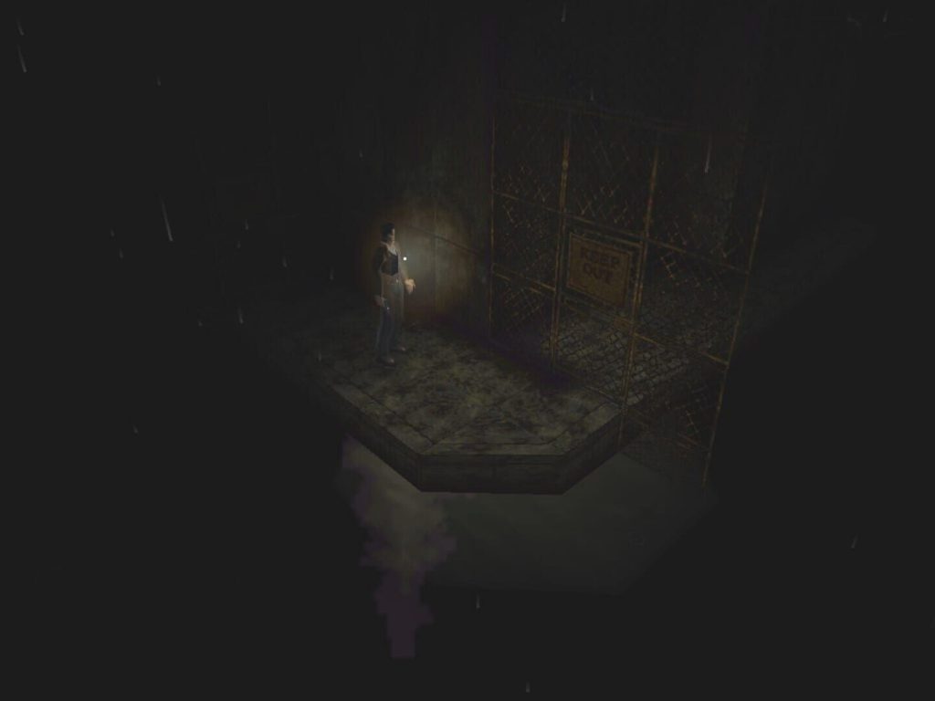 Silent Hill sur PlayStation, une lampe torche éclaire à peine une structure, tout le reste de l'image est noyé dans le noir