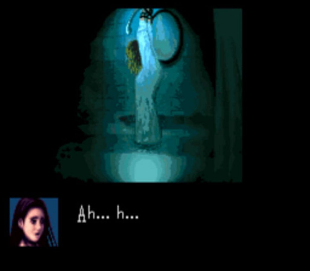 Clock Tower sur Super Famicom, une salle de bains verdâtre, un corps suspendu et le portrait de Jennifer en incrustation