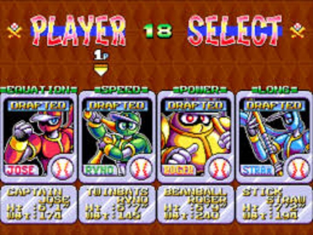Écran de sélection des quatre personnages jouables, avec leurs statistiques d'équipement, de vitesse, de puissance et de portée