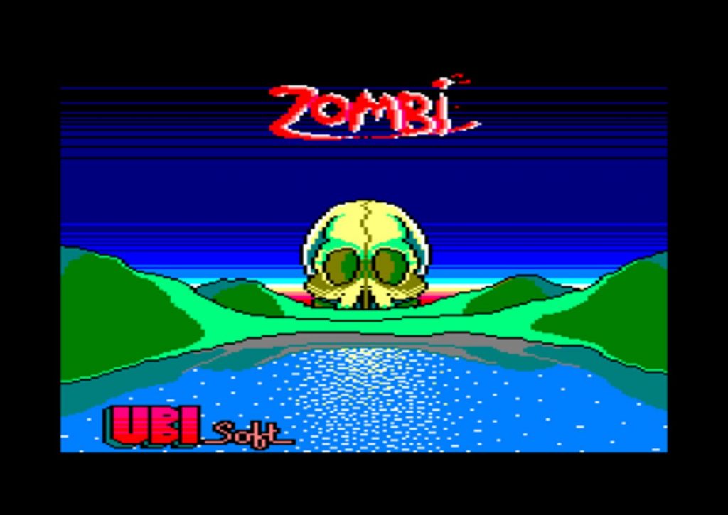 Écran-titre de Zombi d'Ubi Soft, logo rouge et crâne vert à lunettes noires sur un paysage bleu, logo Ubi Soft en bas