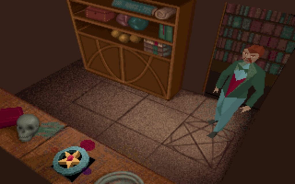 Alone in the Dark, un personnage polygonal assis dans une bibliothèque au décor précalculé, un crâne posé au sol