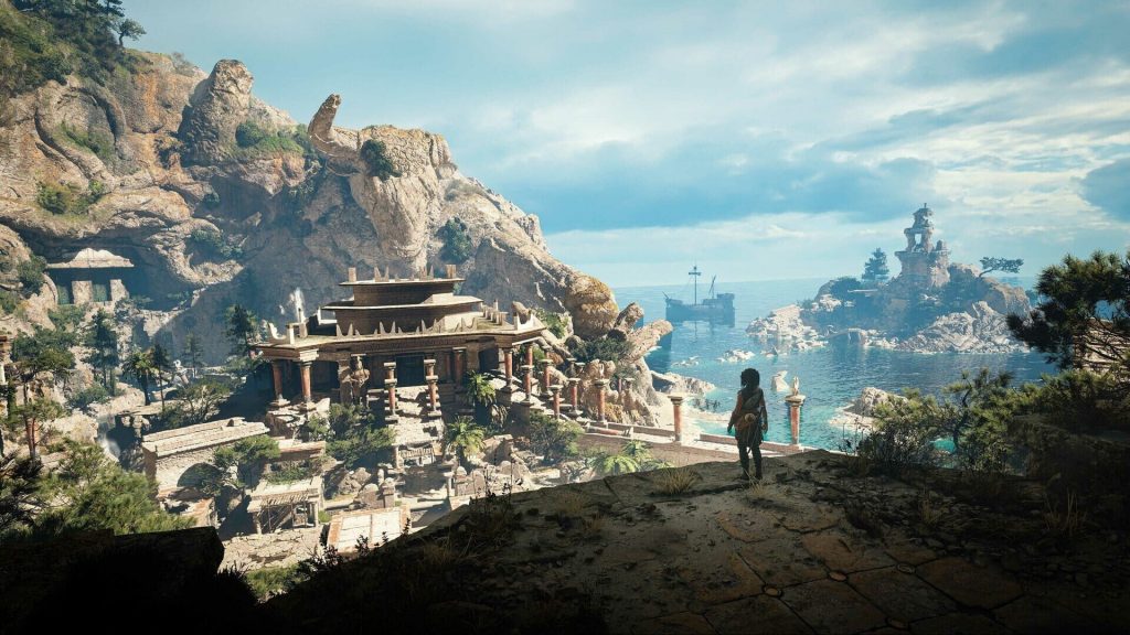 Vaste paysage de ruines antiques au bord de la mer, un personnage minuscule vu de dos en surplomb