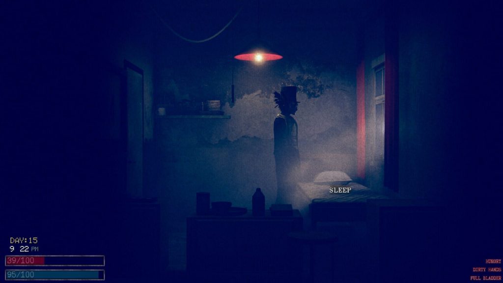 Pièce plongée dans un bleu nocturne, une lampe rouge au plafond et une silhouette dans l'encadrement d'une porte, avec l'invite Dormir