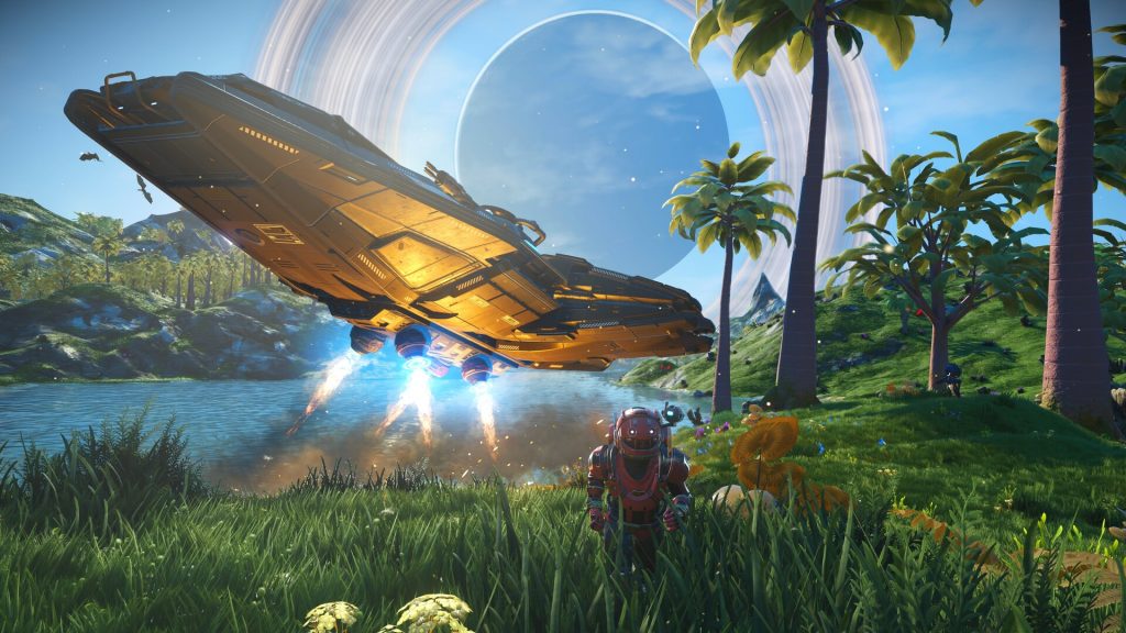 No Man's Sky, un vaisseau au-dessus d'une planète colorée