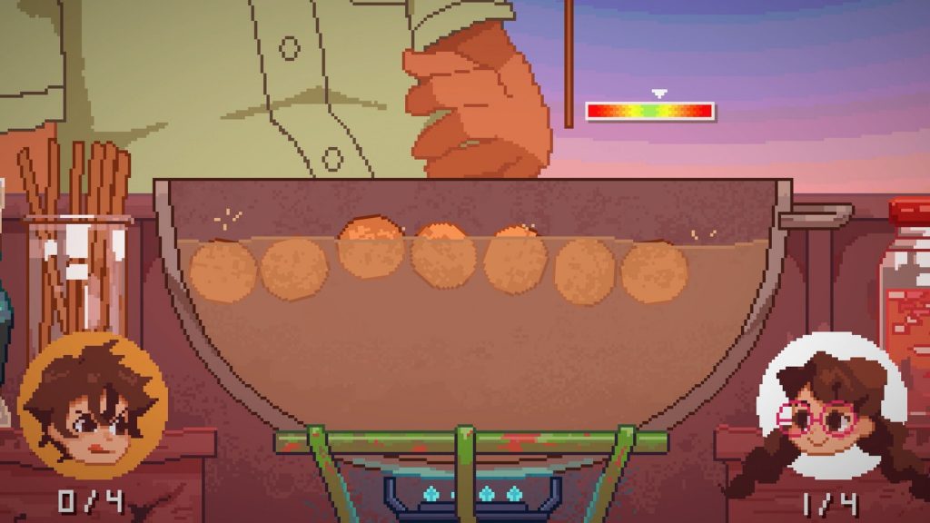 Gros plan sur la bassine d'un vendeur de boulettes de poisson, une jauge de chaleur en haut, deux portraits de personnages en bas avec les scores 0 sur 4 et 1 sur 4