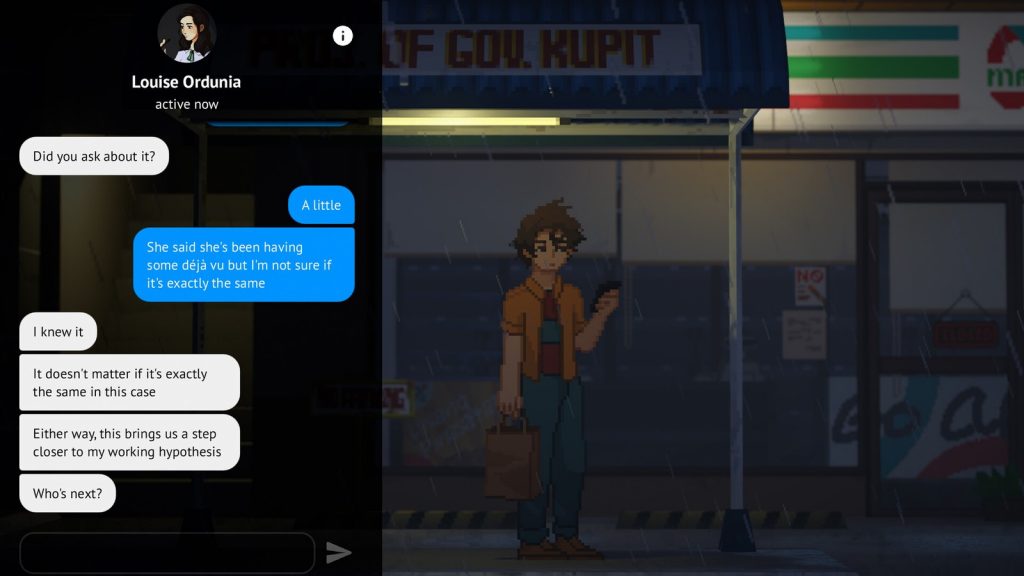 Une interface de messagerie plein écran, contact « Louise Ordunia, active now », bulles grises et bleues, derrière une vitrine et une banderole déchirée