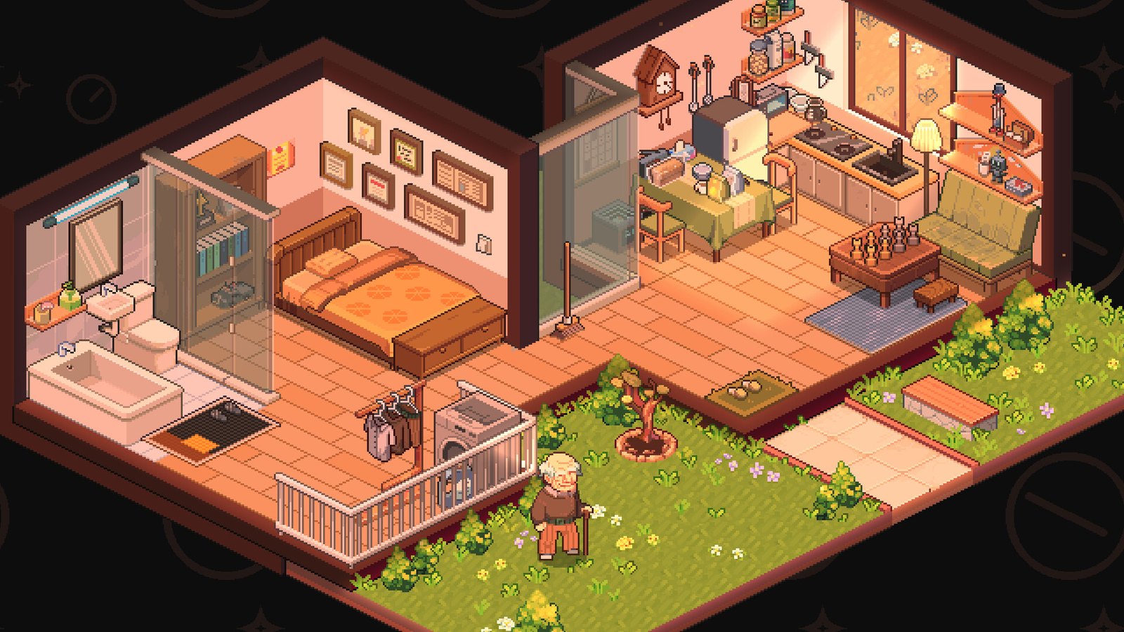 Chambre et jardin en vue isométrique dans Whisper of the House