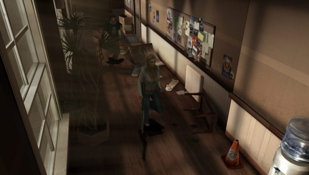 Couloir de résidence universitaire dans ObsCure: The Aftermath, un mur couvert d'affiches
