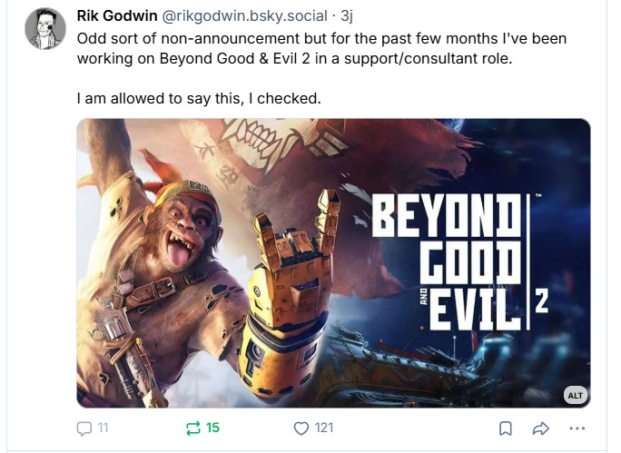 Capture d'un message Bluesky de Rik Godwin annonçant qu'il travaille sur Beyond Good & Evil 2 en soutien, accompagné de l'illustration officielle du jeu