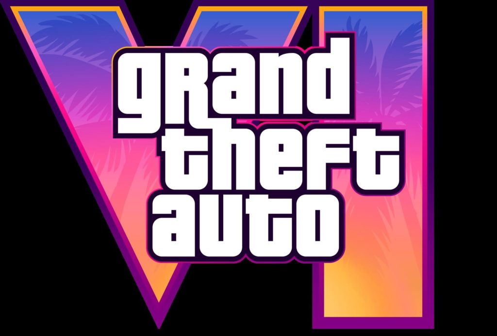 Le logo de Grand Theft Auto VI, lettrage blanc sur un V rose et jaune dégradé, sur fond noir.