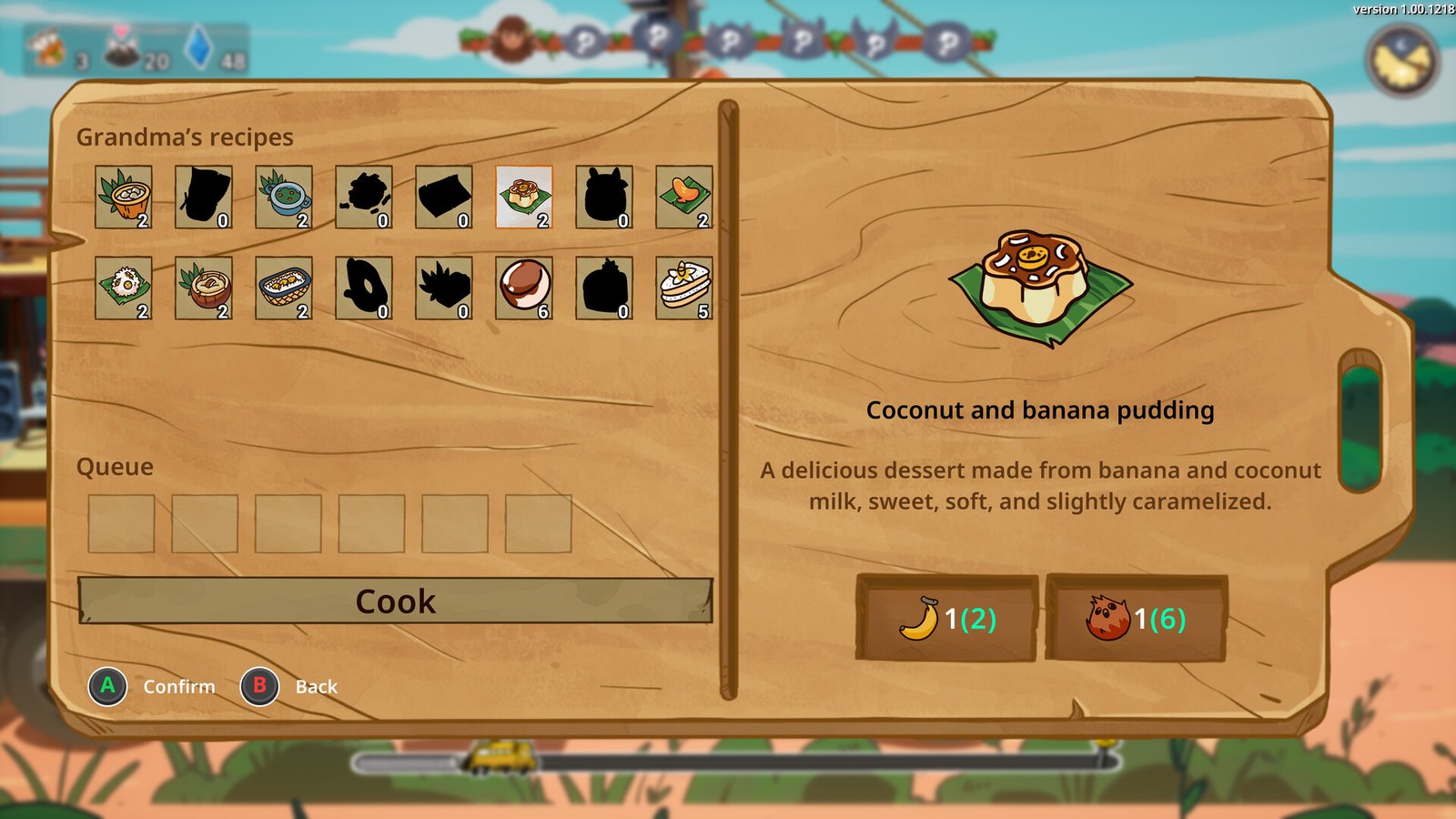 Un carnet de recettes en bois ouvert sur une fiche de pudding à la banane et à la noix de coco, avec une grille d'ingrédients à gauche et une file d'attente de cuisson en bas.