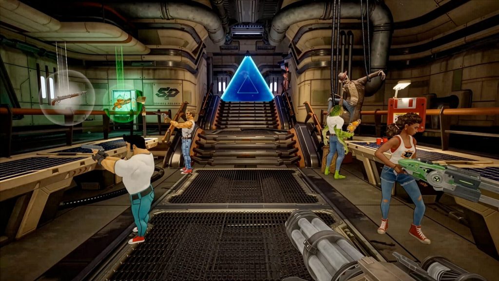 Cinq personnages armés attendent autour d'un portail triangulaire bleu dans un couloir métallique