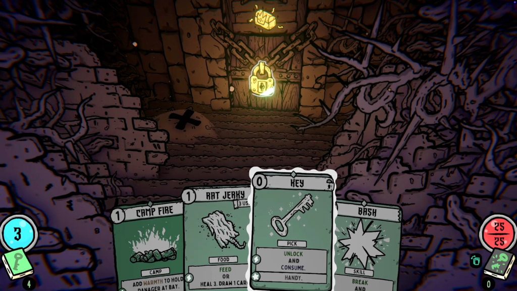 Un campement souterrain en ruines, avec une main de cartes d'exploration nommées Camp Fire, Rat Jerky, Key et Bash au bas de l'écran.
