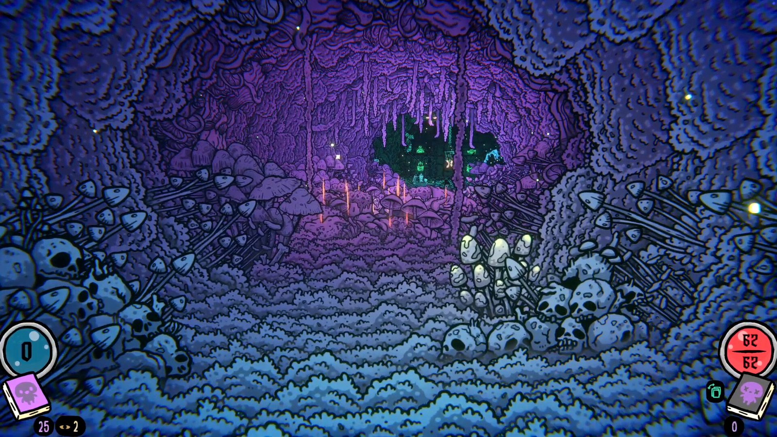 Une caverne violette hérissée de champignons pâles et de crânes, éclairée par une lueur verte au fond, dessinée en carton découpé.