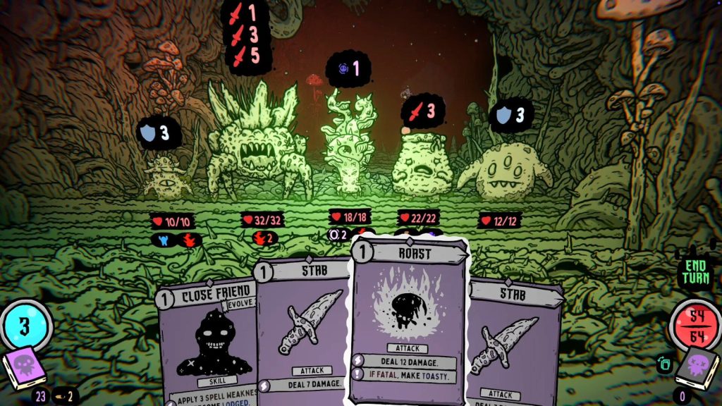 Affrontement contre quatre créatures fongiques vertes, avec les cartes de combat Close Friend, Stab et Roast tenues en main.