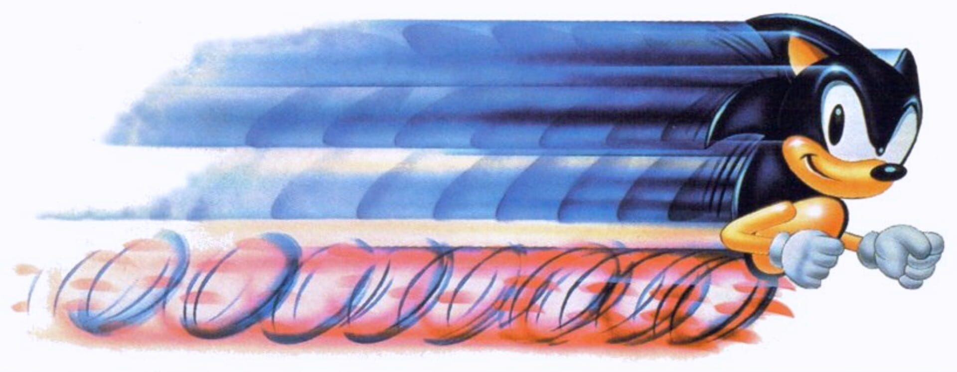 Illustration d'époque de Sonic courant à travers des boucles bleues et rouges, en laissant derrière lui une longue traînée de vitesse.