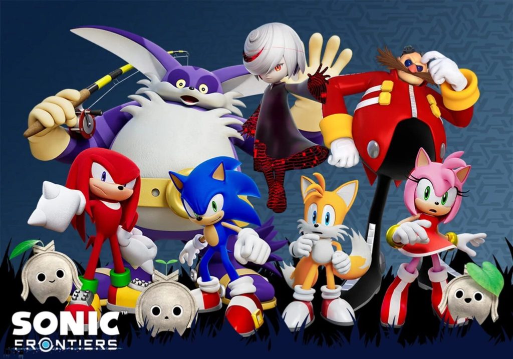 Sonic entouré de Knuckles, Tails, Amy, Big le chat et du docteur Eggman sur une illustration de groupe, devant un fond bleu.