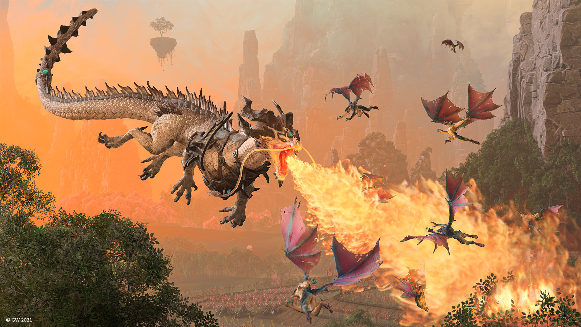 Une bataille rangée sous un ciel orangé, avec des ballons dirigeables, des dragons en vol et deux armées face à face