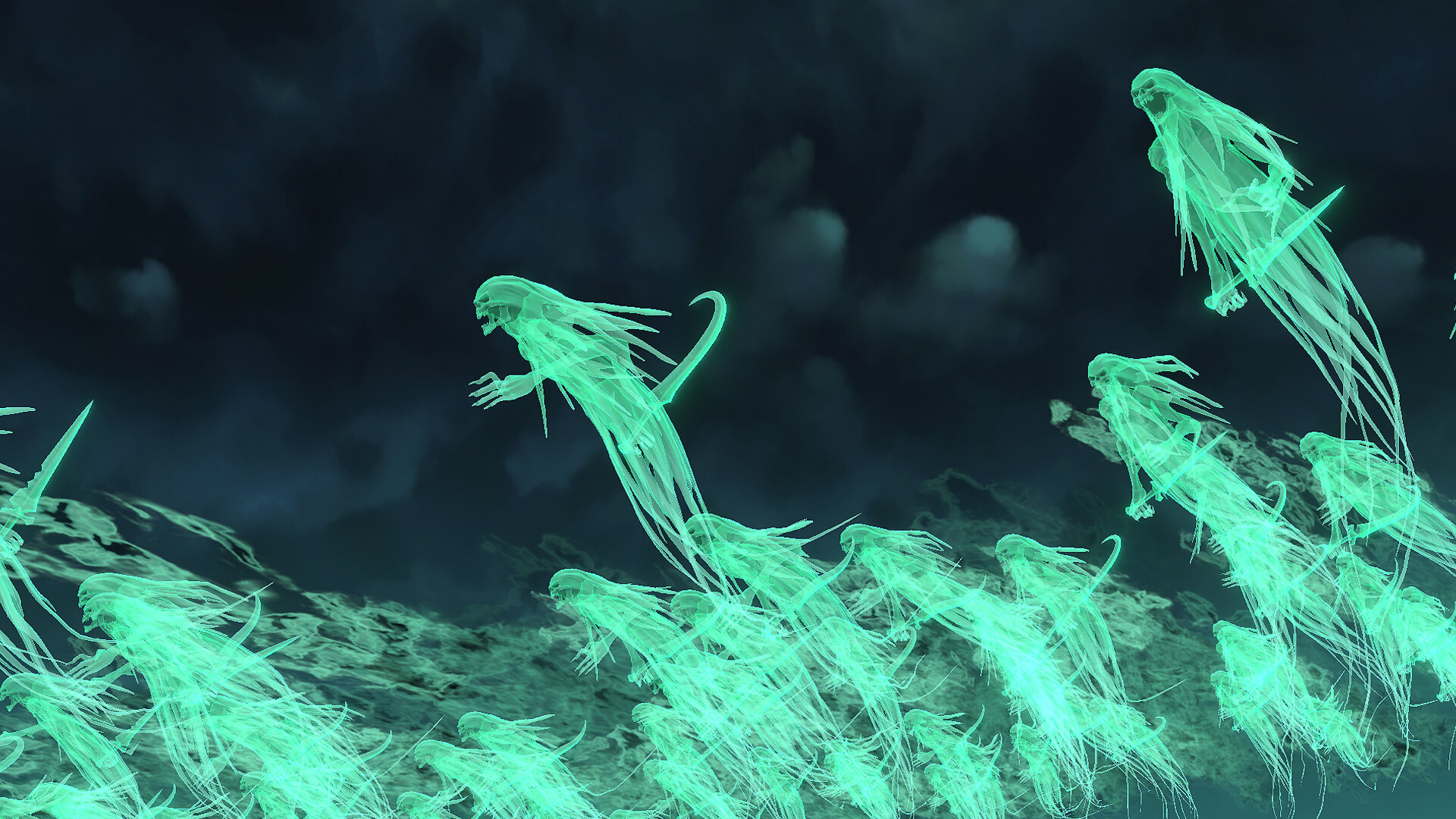 Une nuée de spectres vert pâle, silhouettes étirées et translucides, flottant au-dessus d'un champ de bataille nocturne
