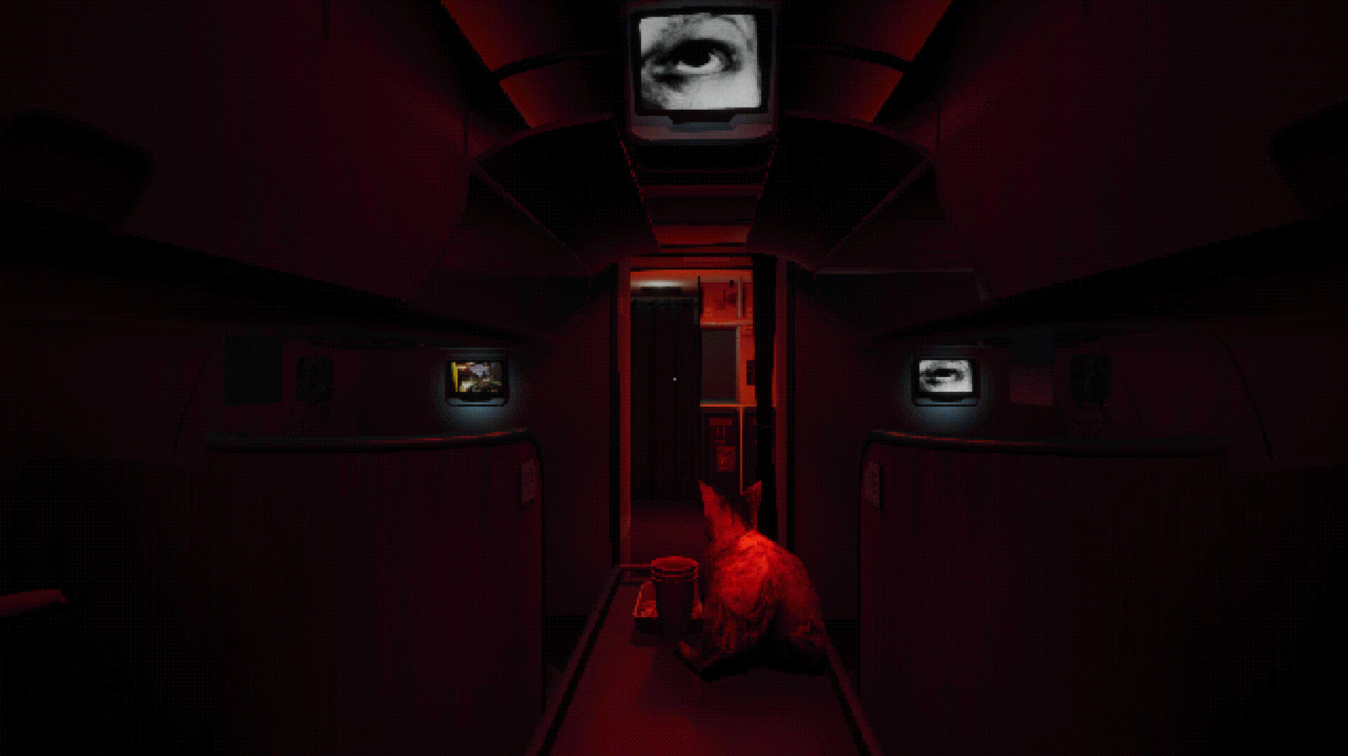 Une cabine d'avion plongée dans une lumière rouge, une petite forme sombre au bout de l'allée centrale et un œil affiché sur un écran au fond